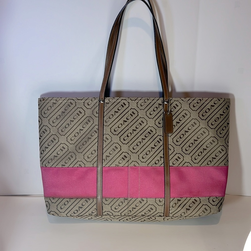 Coach Tote Shoulder Bag Tan Khaki Pink Stripe Signature Logo
